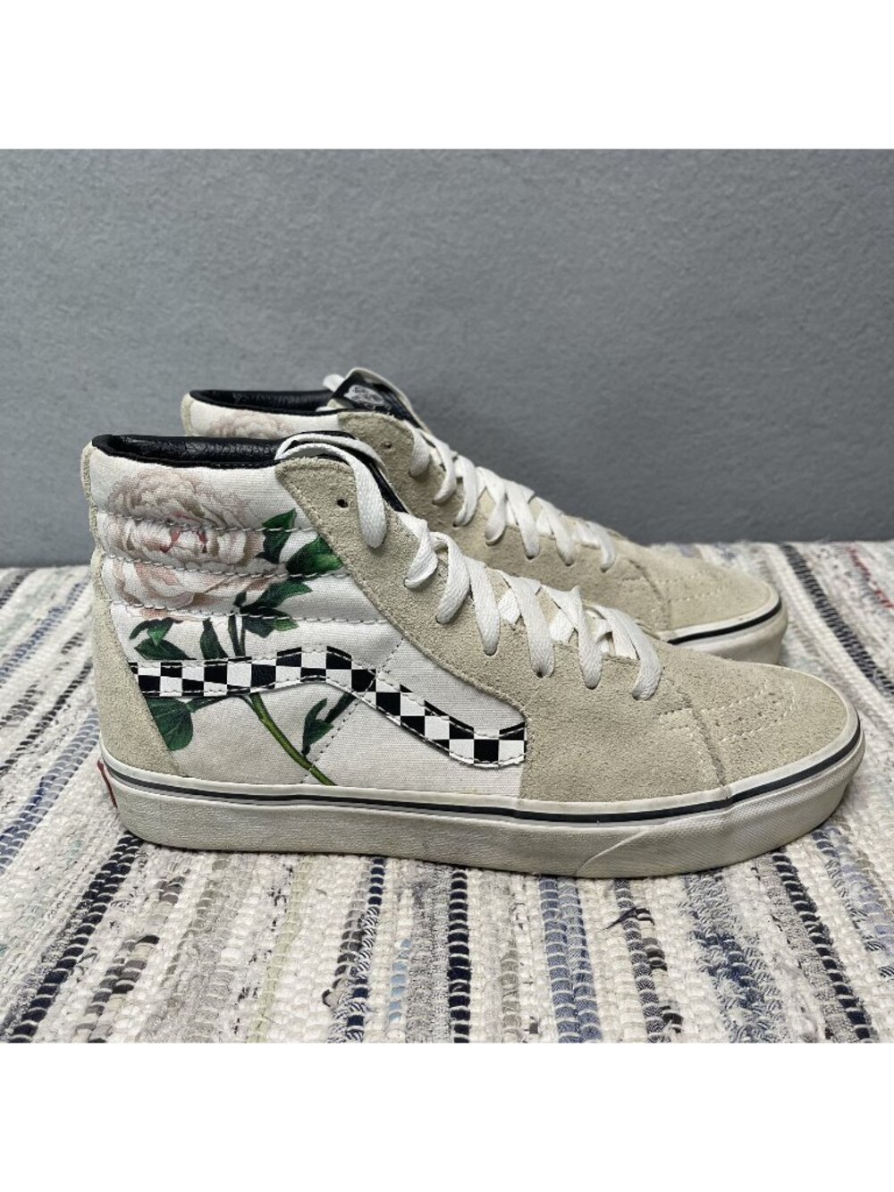 Vans Sk8-Hi Rose & Checkerboard Suede Canvas Sneakers M 7.5 W 9 Beige White